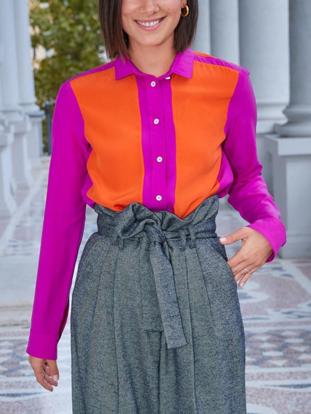 Celine Fuchsia & Orange Colourblock Silk Buttoned Shirt